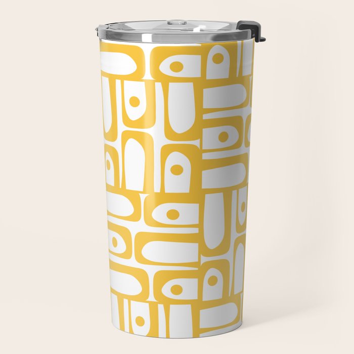 Mid Century Modern Piquet Geometric Multi Pattern in Muted Mustard Yellow and White Travel Mug Gallery Image 2