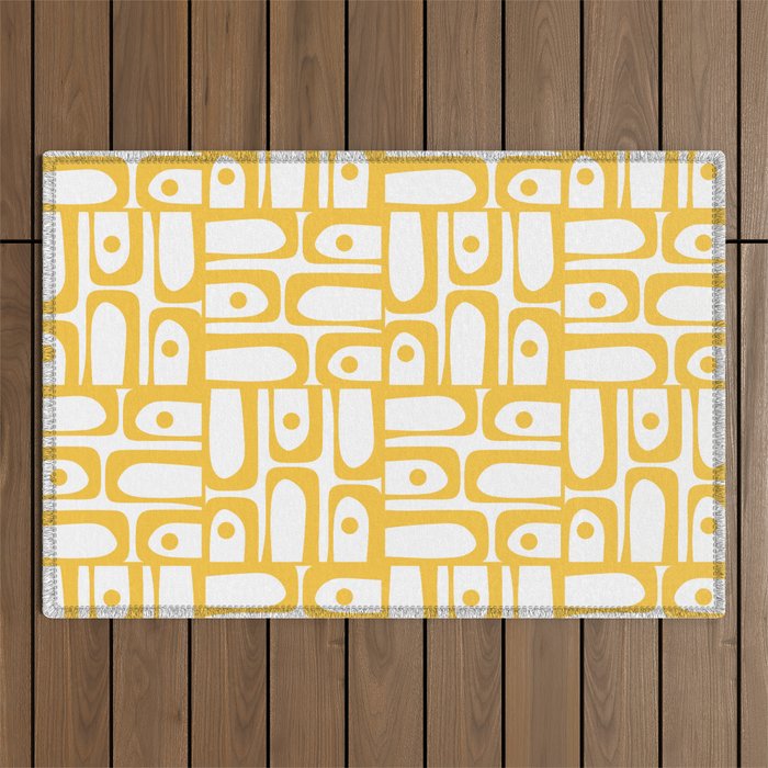 Mid Century Modern Piquet Geometric Multi Pattern in Muted Mustard Yellow and White Outdoor Rug Gallery Image 1