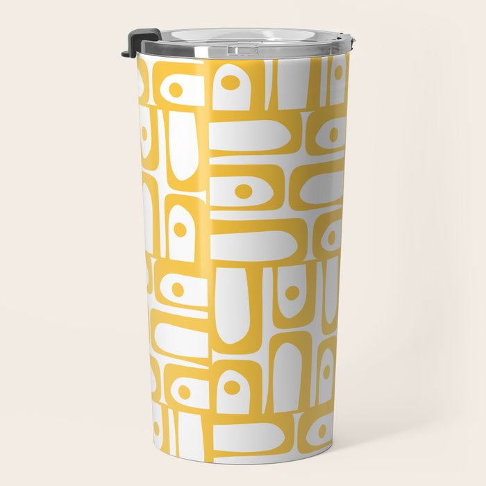 Mid Century Modern Piquet Geometric Multi Pattern in Muted Mustard Yellow and White Travel Mug Gallery Image 3