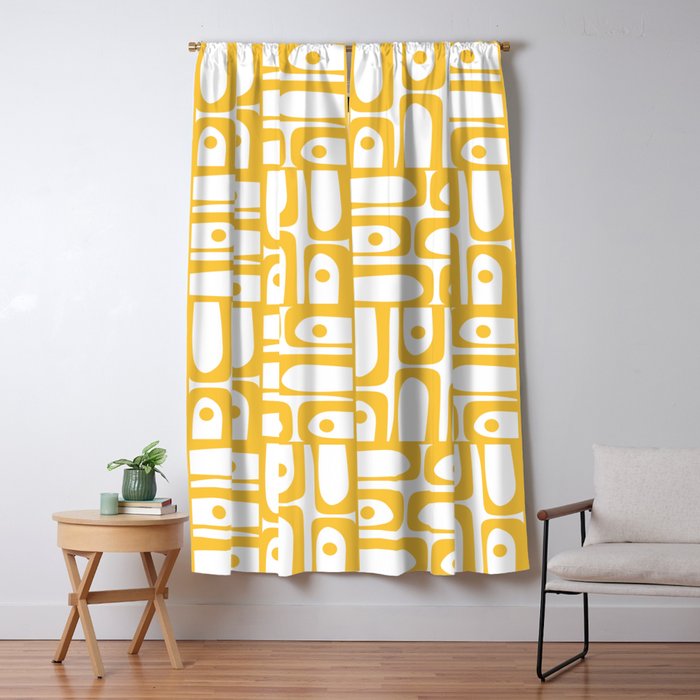 Mid Century Modern Piquet Geometric Multi Pattern in Muted Mustard Yellow and White Window Curtain Gallery Image 5