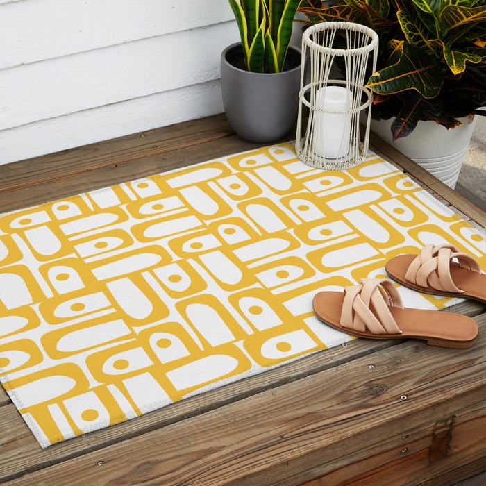 Mid Century Modern Piquet Geometric Multi Pattern in Muted Mustard Yellow and White Outdoor Rug Gallery Image 2