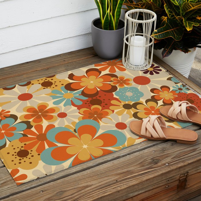 70's Retro Floral Patterned Prints Outdoor Rug Gallery Image 2