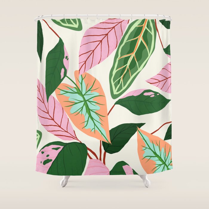 The Inseparable V.01, Nature Botanical Plants, Blush Leaves Modern Boho, Pastel Illustration Garden Shower Curtain Gallery Image 1