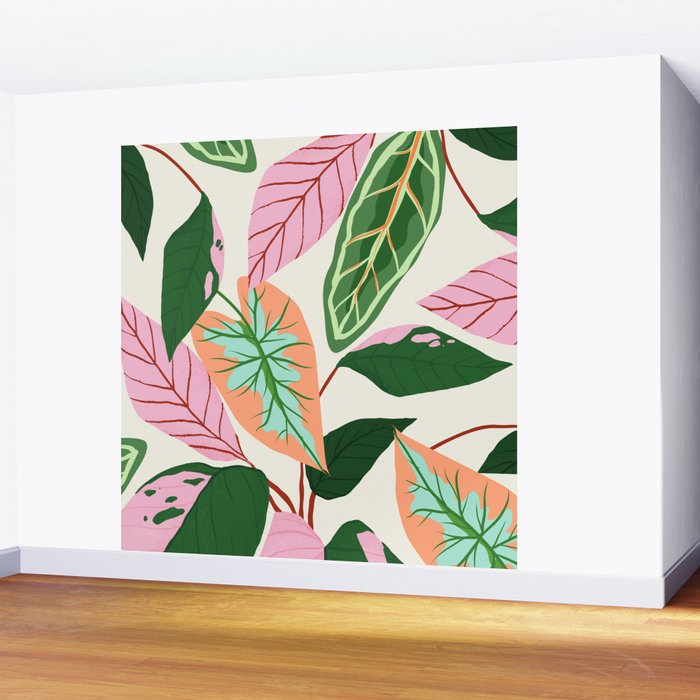 The Inseparable V.01, Nature Botanical Plants, Blush Leaves Modern Boho, Pastel Illustration Garden Wall Mural Gallery Image 2