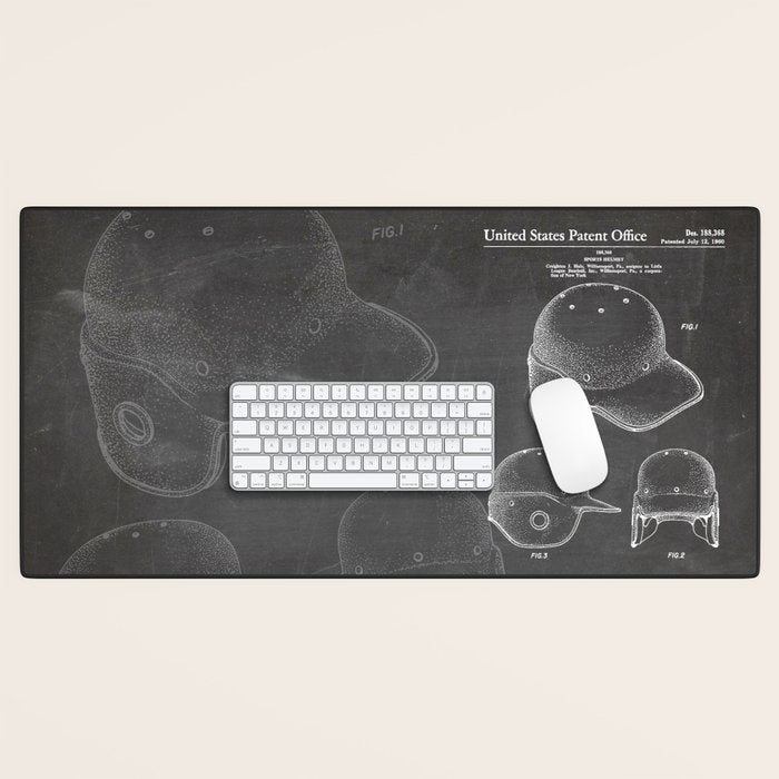 Baseball Helmet Patent - Baseball Player Art - Black Chalkboard Desk Mat Gallery Image 1