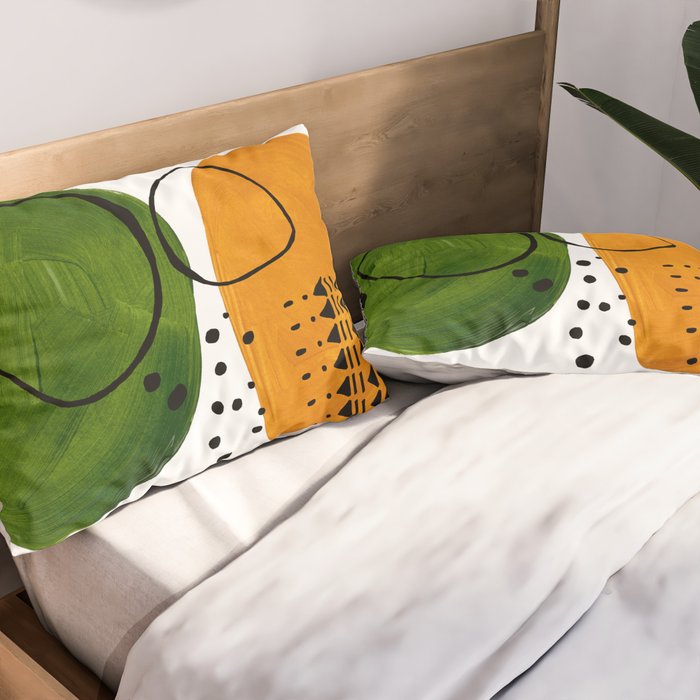 Modern Mid Century Fun Colorful Abstract Minimalist Painting Olive Green Yellow Ochre Buns Pillow Sham Gallery Image 2