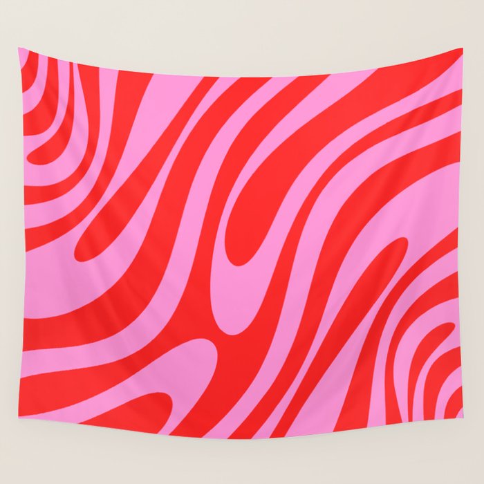 Bold Abstract Wavy Loops Pop Pattern in Preppy Pink and Red Wall Tapestry Gallery Image 4