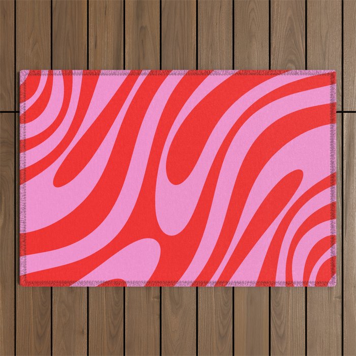 Bold Abstract Wavy Loops Pop Pattern in Preppy Pink and Red Outdoor Rug Gallery Image 1