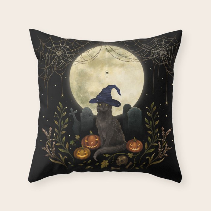 The Black Cat on Halloween Night Throw Pillow Gallery Image 6