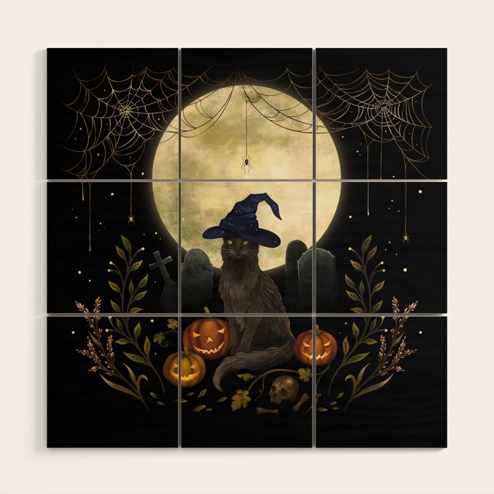 The Black Cat on Halloween Night Wood Wall Art Gallery Image 1