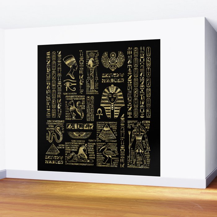 Egyptian hieroglyphs and deities gold on black Wall Mural Gallery Image 2