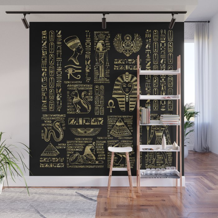 Egyptian hieroglyphs and deities gold on black Wall Mural Gallery Image 1