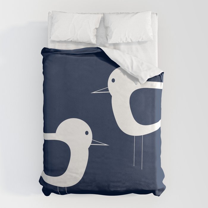 Shorebird Pair - Minimalist Beach Birds in White and Nautical Navy Blue Duvet Cover Gallery Image 6