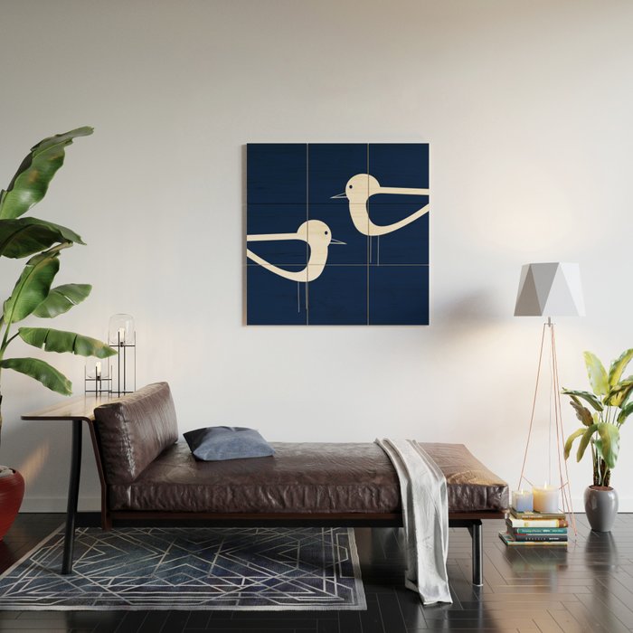 Shorebird Pair - Minimalist Beach Birds in White and Nautical Navy Blue Wood Wall Art Gallery Image 2