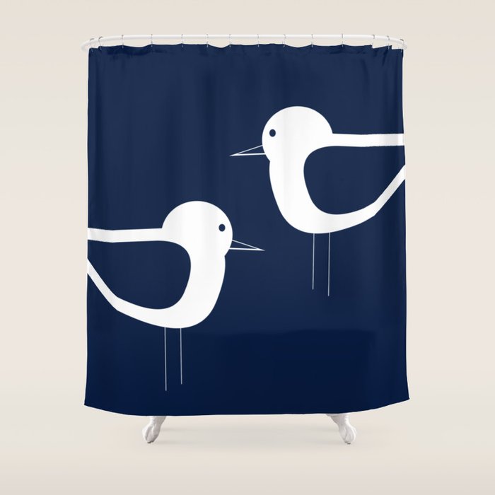 Shorebird Pair - Minimalist Beach Birds in White and Nautical Navy Blue Shower Curtain Gallery Image 1
