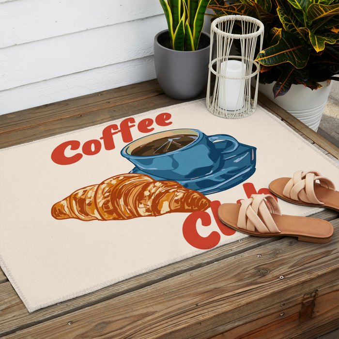 Coffee Club - Croissant and Espresso Illustration Outdoor Rug Gallery Image 2