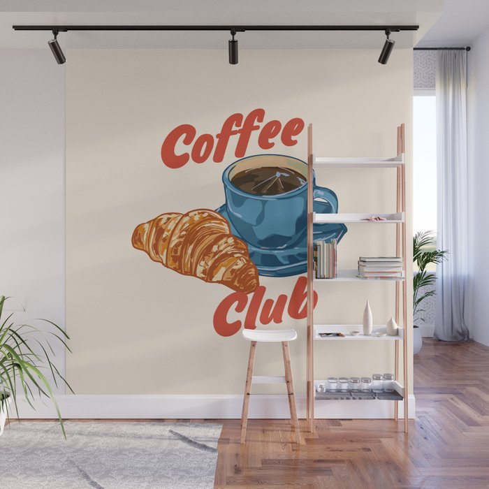 Coffee Club - Croissant and Espresso Illustration Wall Mural Gallery Image 1