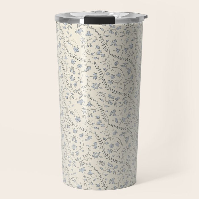 Diagonal Trailing Ditsy Floral - Cream Blue Travel Mug Gallery Image 1