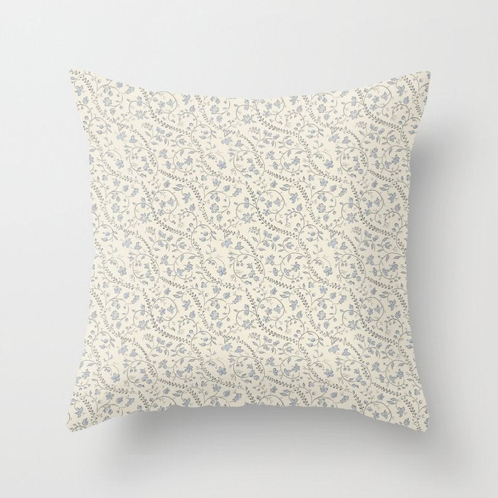 Diagonal Trailing Ditsy Floral - Cream Blue Throw Pillow Gallery Image 1