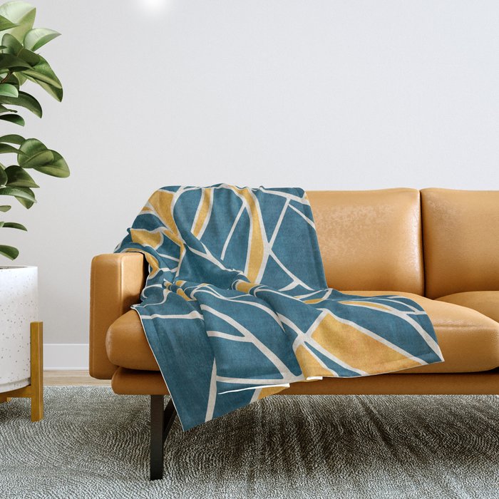 Teal Yellow Abstract Leaves Modern Artwork Throw Blanket Gallery Image 1