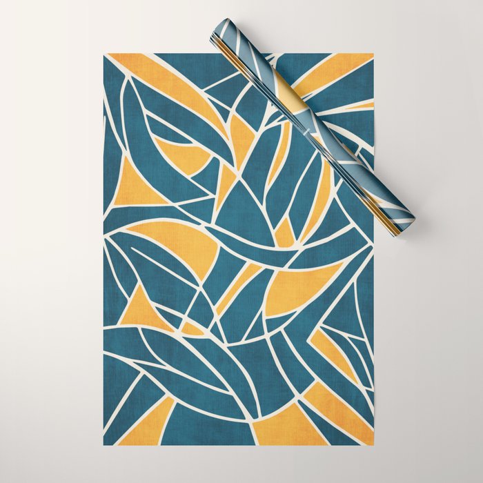 Teal Yellow Abstract Leaves Modern Artwork Wrapping Paper Gallery Image 1