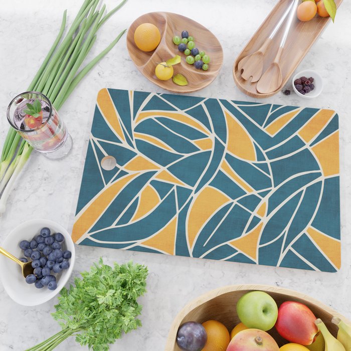 Teal Yellow Abstract Leaves Modern Artwork Cutting Board Gallery Image 2