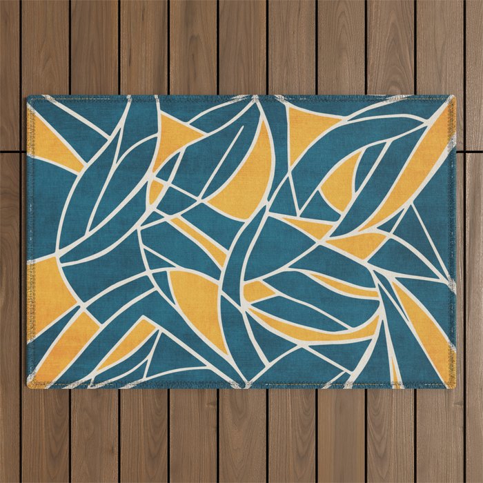 Teal Yellow Abstract Leaves Modern Artwork Outdoor Rug Gallery Image 1