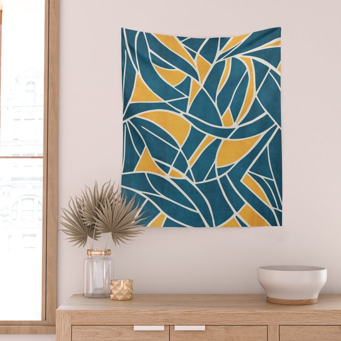 Teal Yellow Abstract Leaves Modern Artwork Wall Tapestry Gallery Image 2
