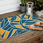 Teal Yellow Abstract Leaves Modern Artwork Outdoor Rug Gallery Image 2
