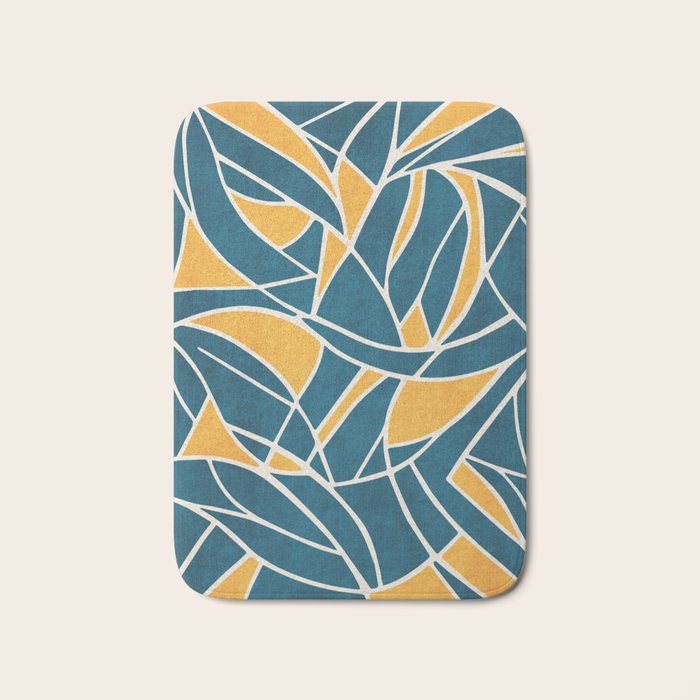 Teal Yellow Abstract Leaves Modern Artwork Bath Mat Gallery Image 1