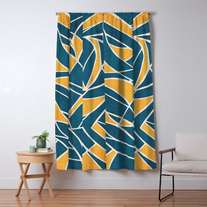 Teal Yellow Abstract Leaves Modern Artwork Window Curtain Gallery Image 5