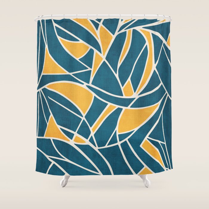 Teal Yellow Abstract Leaves Modern Artwork Shower Curtain Gallery Image 1