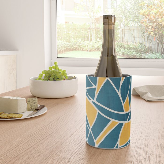 Teal Yellow Abstract Leaves Modern Artwork Wine Chiller Gallery Image 4