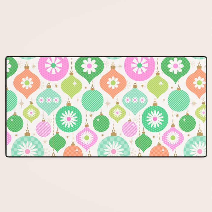 Happy Holidays Retro Ornaments - Pink & Green Desk Mat Gallery Image 3
