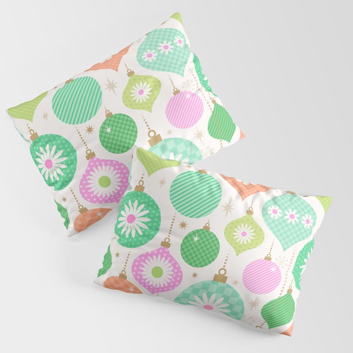 Happy Holidays Retro Ornaments - Pink & Green Pillow Sham Gallery Image 1