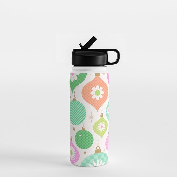 Happy Holidays Retro Ornaments - Pink & Green Water Bottle Gallery Image 1