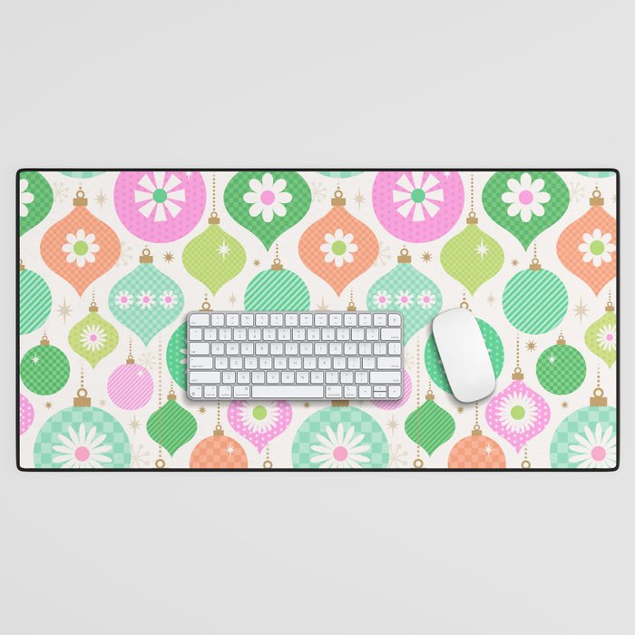 Happy Holidays Retro Ornaments - Pink & Green Desk Mat Gallery Image 1