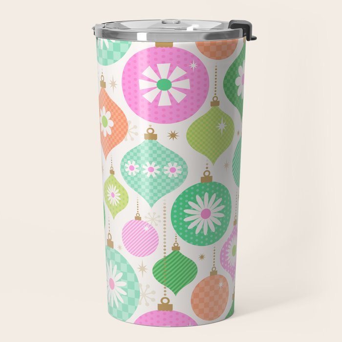 Happy Holidays Retro Ornaments - Pink & Green Travel Mug Gallery Image 2