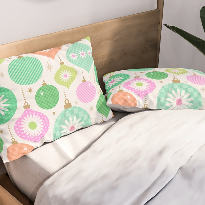 Happy Holidays Retro Ornaments - Pink & Green Pillow Sham Gallery Image 2