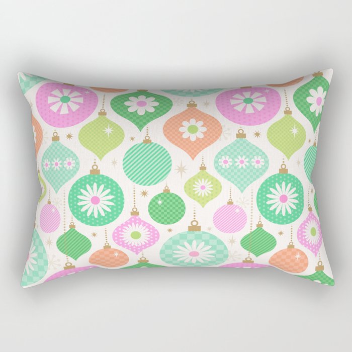 Happy Holidays Retro Ornaments - Pink & Green Rectangular Pillow Gallery Image 2