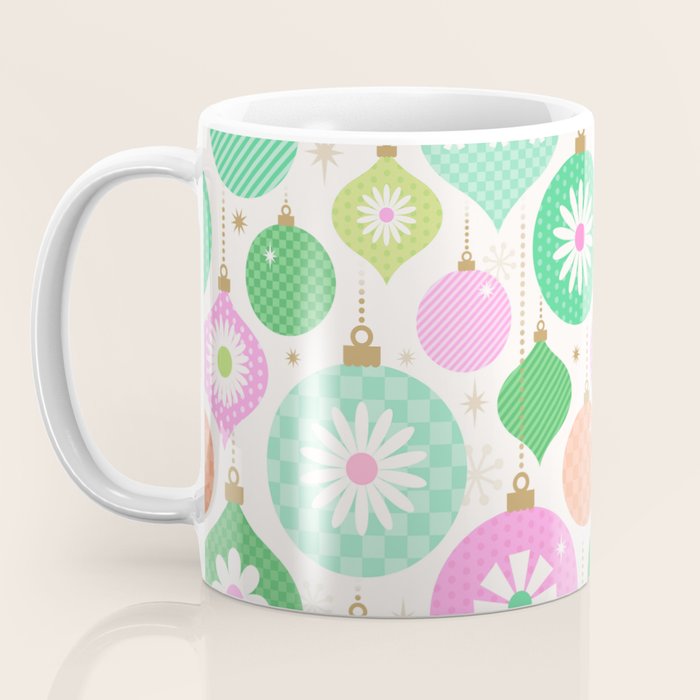 Happy Holidays Retro Ornaments - Pink & Green Coffee Mug Gallery Image 3