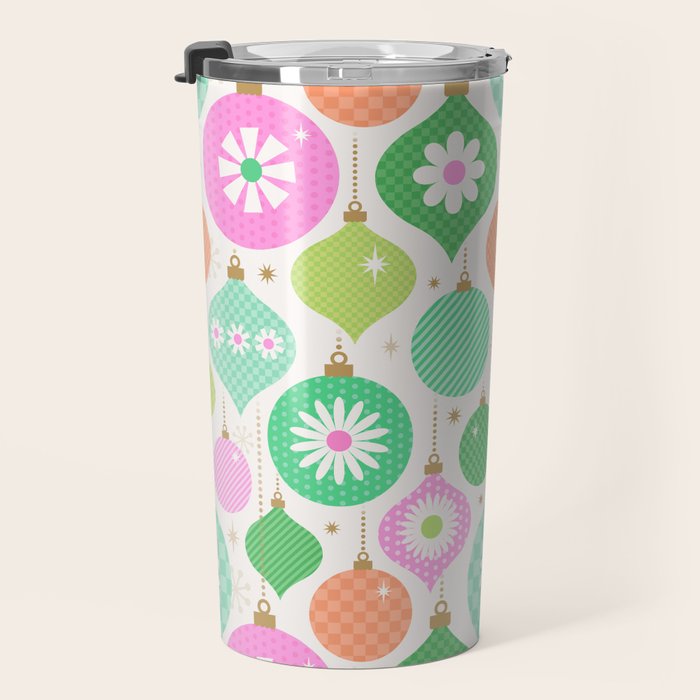 Happy Holidays Retro Ornaments - Pink & Green Travel Mug Gallery Image 3