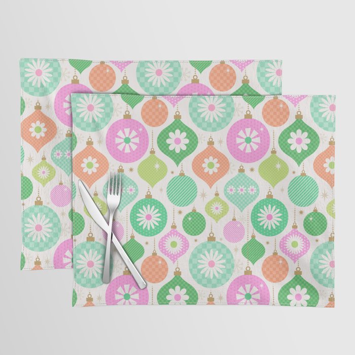 Happy Holidays Retro Ornaments - Pink & Green Placemat Gallery Image 1