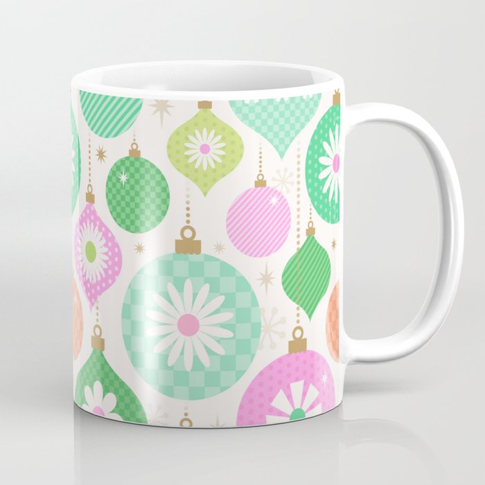 Happy Holidays Retro Ornaments - Pink & Green Coffee Mug Gallery Image 1