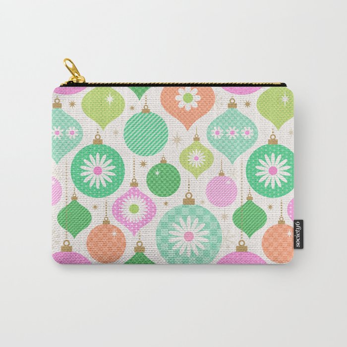 Happy Holidays Retro Ornaments - Pink & Green Carry All Pouch Gallery Image 1