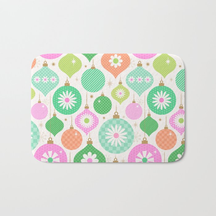 Happy Holidays Retro Ornaments - Pink & Green Bath Mat Gallery Image 1