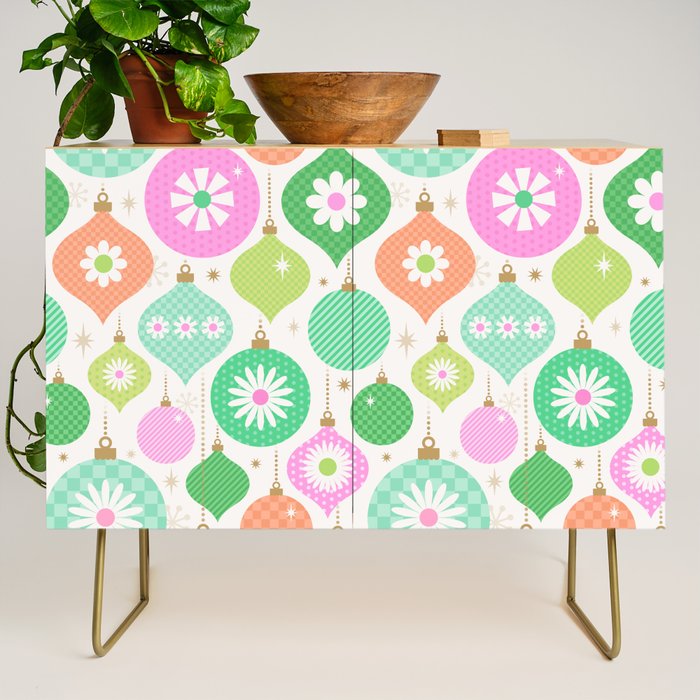 Happy Holidays Retro Ornaments - Pink & Green Credenza Gallery Image 1