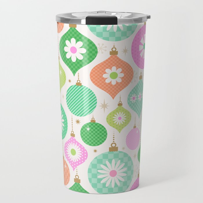 Happy Holidays Retro Ornaments - Pink & Green Travel Mug Gallery Image 1
