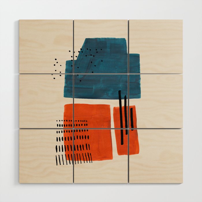 Burnt Orange Jewel Teal Blue Mid Century Modern Funky Colorful Shapes Patterns by Ejaaz Haniff Wood Wall Art Gallery Image 1