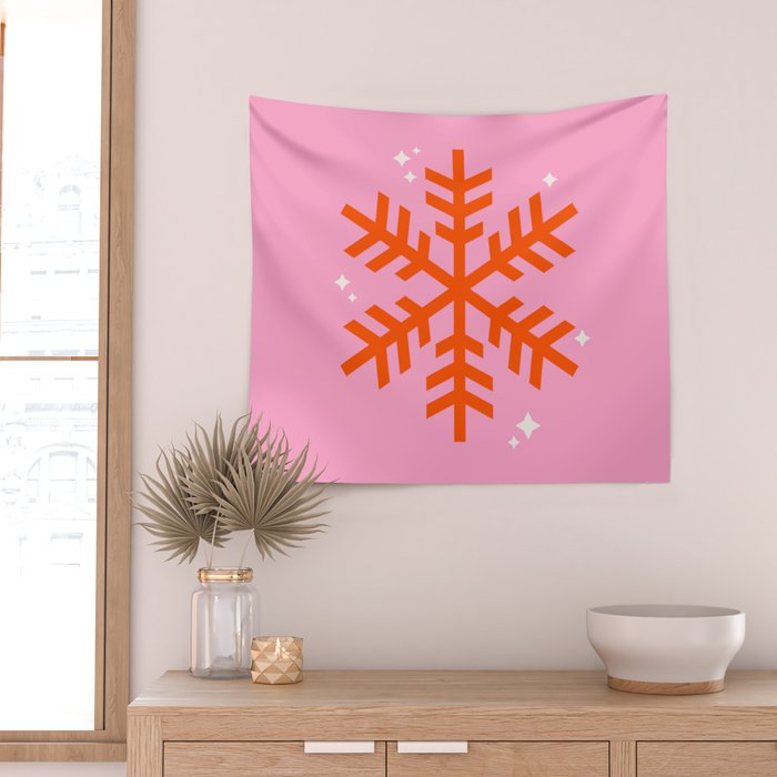 Christmas Print Snowflake Pink And Orange Holiday Decorations Festive Modern Decor Wall Tapestry Gallery Image 2